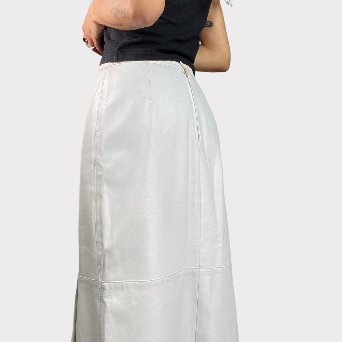 Vintage 90's Cyber White Leather Maxi Skirt with Bottom Side Slit (S)
