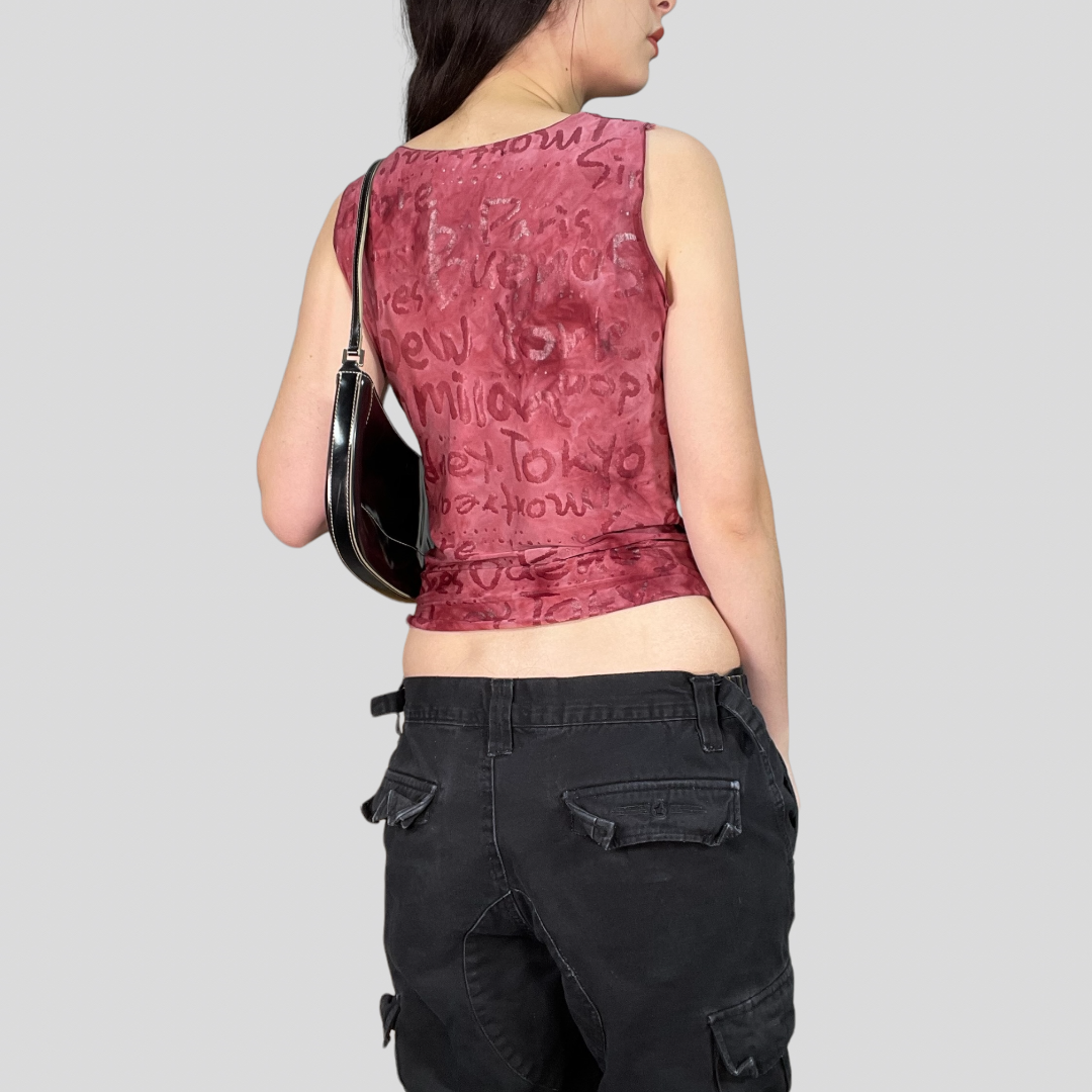 Vintage 2000's Downton Girl Dark Red Waterfall Neck Top with Writing Print (S)