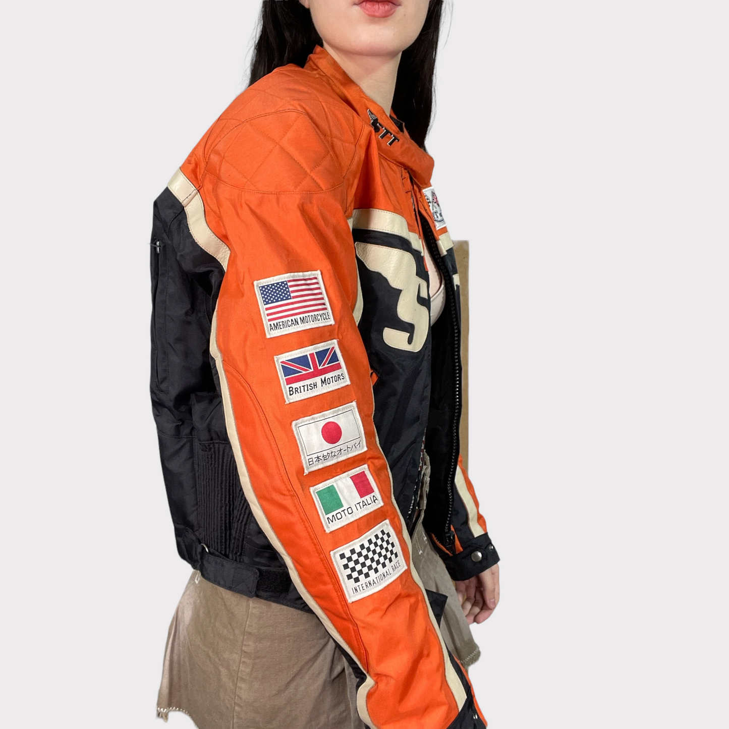 Vintage 90's Bella Hadid Black and Orange Fabric Racer Jacket (S)