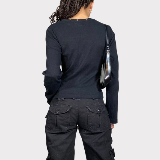 Vintage 90's Grunge Black Longsleeve with '592' Print and Zipper Detail (S)