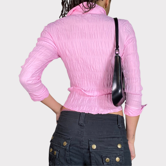 Vintage 2000's Soft Girl Pink Scrunched Button Up Blouse (XS/S)