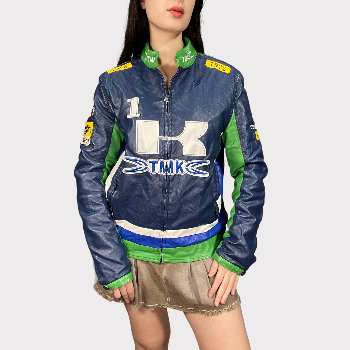 Vintage 90's Bella Hadid Blue and Green Faux Leather Racer Jacket (S/M)