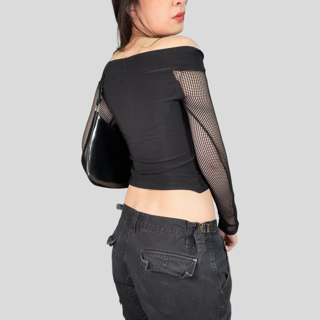 Vintage 2000's Grunge Black Off Shoulder Top with Net Sleeves (S)