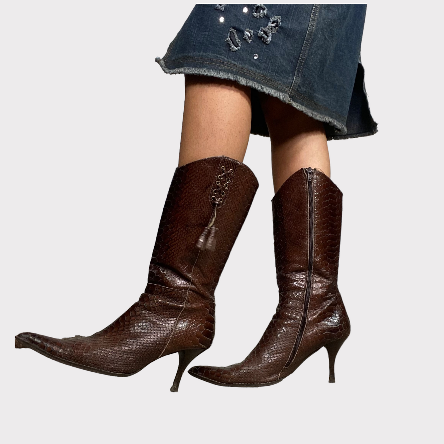 Vintage 2000's Brown Snake Leather Cowboy Stiletto Boots (40)