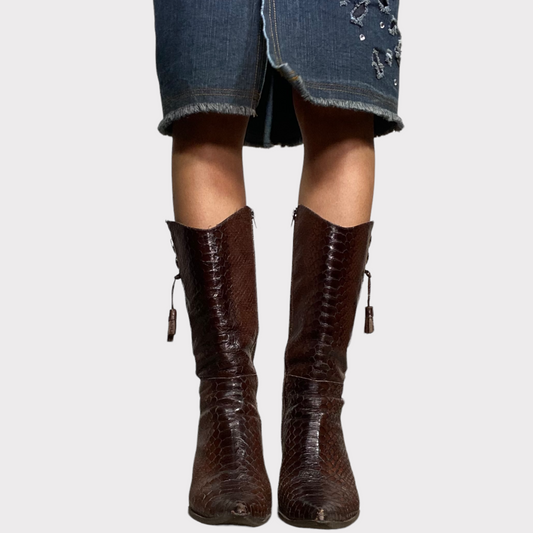 Vintage 2000's Brown Snake Leather Cowboy Stiletto Boots (40)