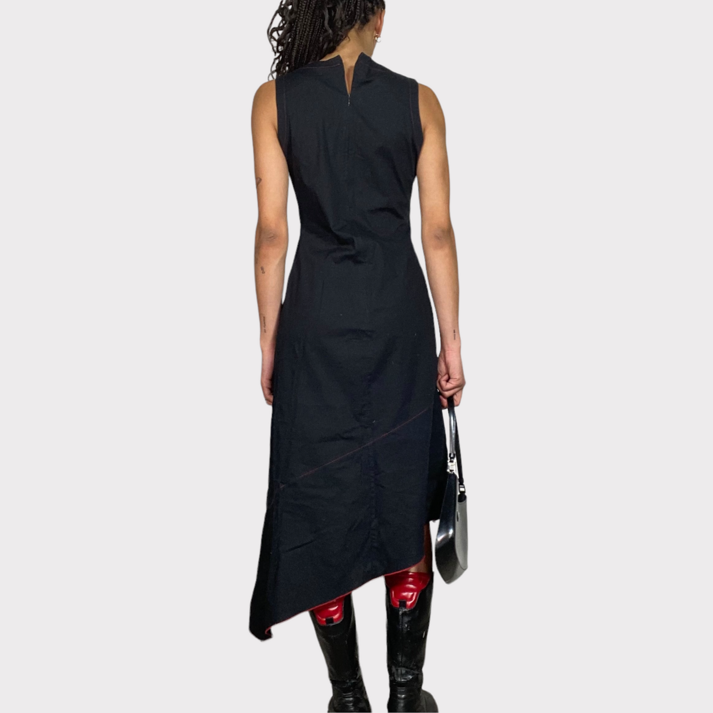 Vintage 90's Cyber Black Midi Dress with Red Contrast Stitching (S)