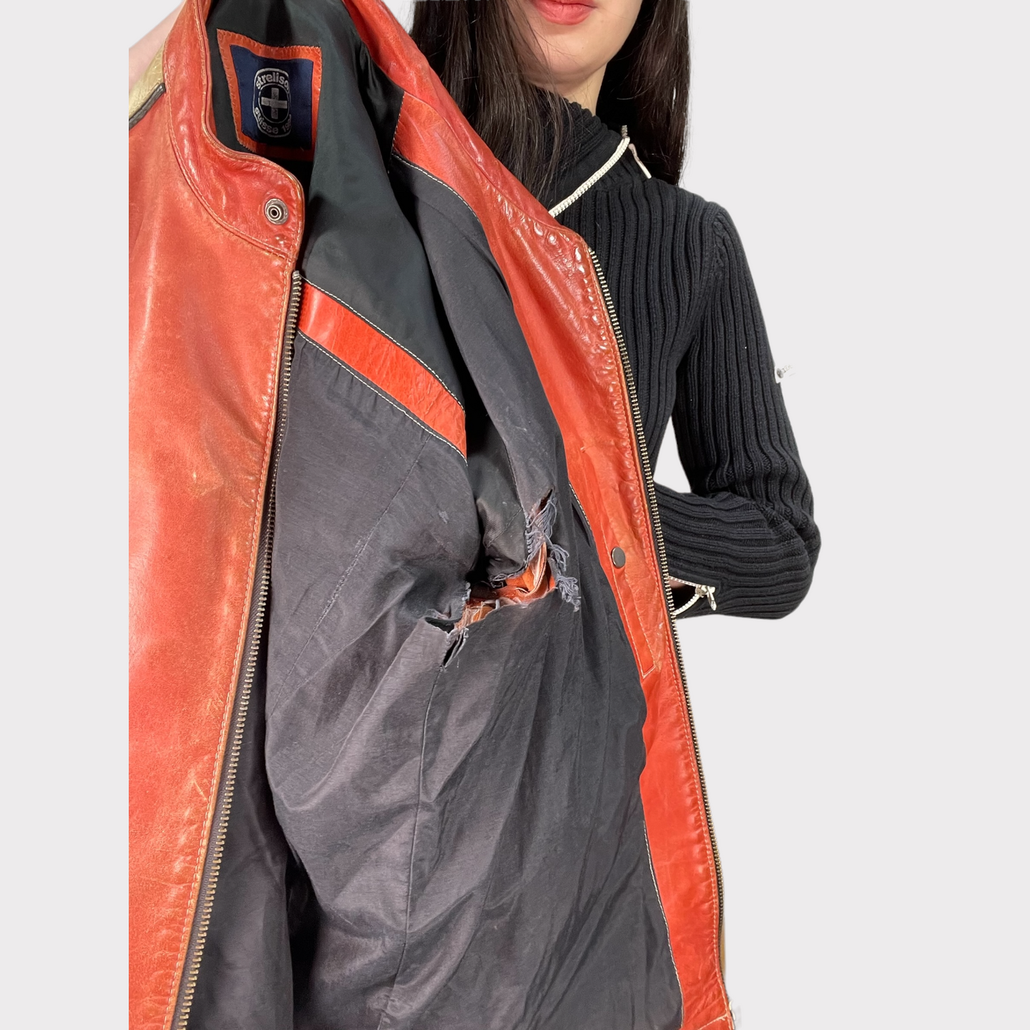 Vintage 90's Bella Hadid Orange/Red Leather Racer Jacket (S/M)