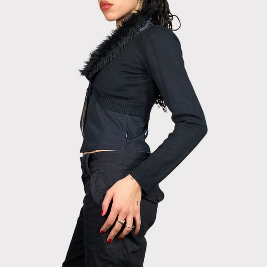 Vintage 2000's Clubwear Black Bolero with Faux Fur Collar (S)