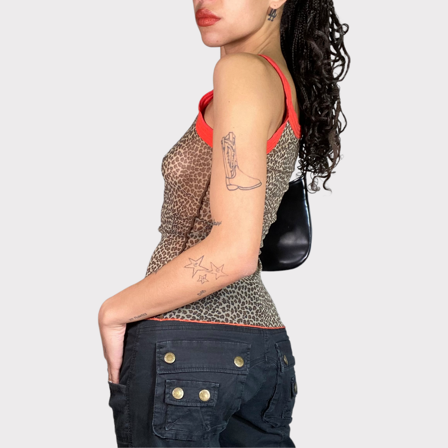 Vintage 2000's Funky Leo Print Mesh Top with Orange Hem (S)