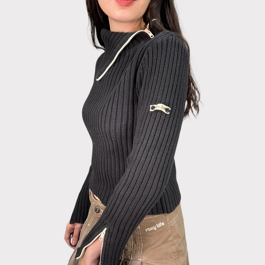 Vintage 2000's DKNY Black Ribbed Sweater with Neck Zipper (S/M)