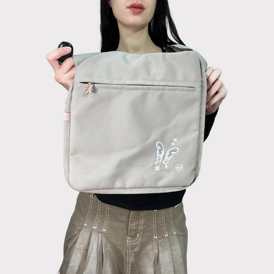 Vintage 2000's Techwear Beige Messenger Bag with Butterfly Embroidery