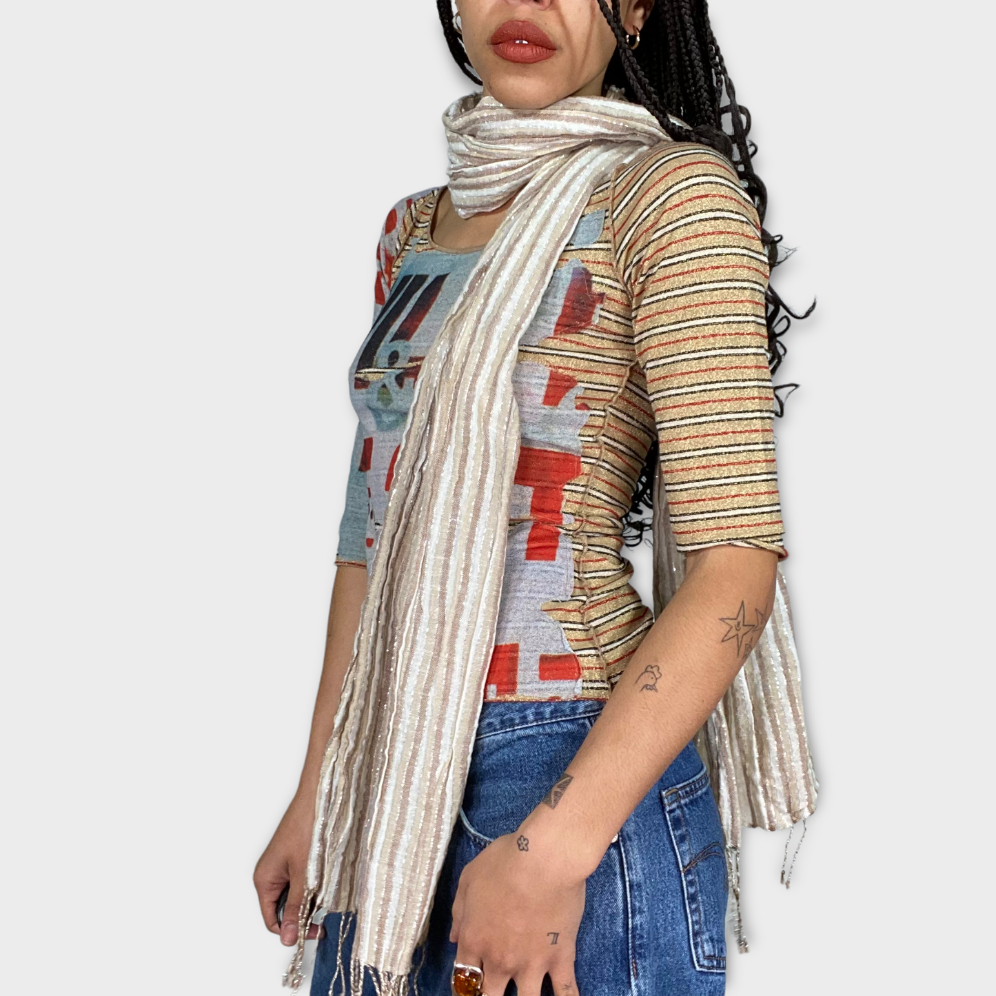 Vintage 2000's Beige Striped Glittery Scarf