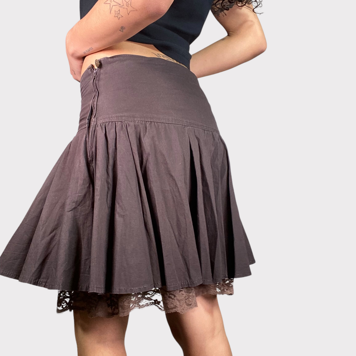 Vintage 2000's Whimsigoth Brown Pleated Skirt with Lace Up Detail (S)