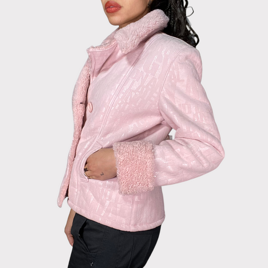 Vintage 2000's Bratz Pink Short Afghan Coat with Writing Print (S)
