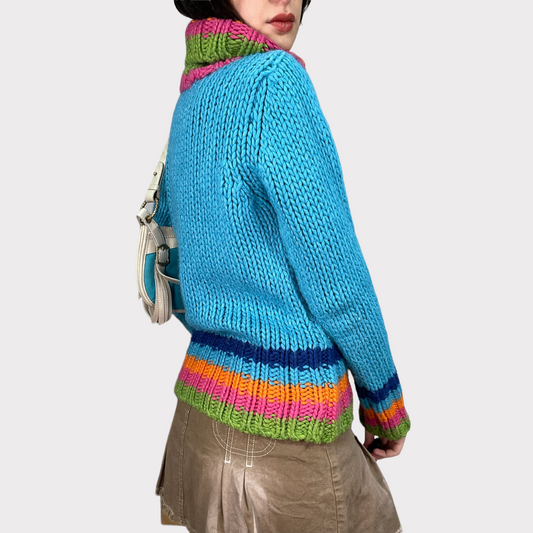 Vintage 90's Gilmore Girls Aqua Blue Knit Sweater with Multicolor Stripes (S)