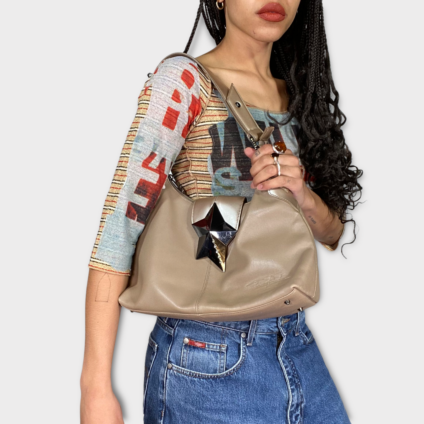 Vintage 2000's Archive Mugler Beige Leather Shoulder Bag