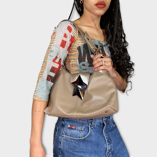 Vintage 2000's Archive Mugler Beige Leather Shoulder Bag