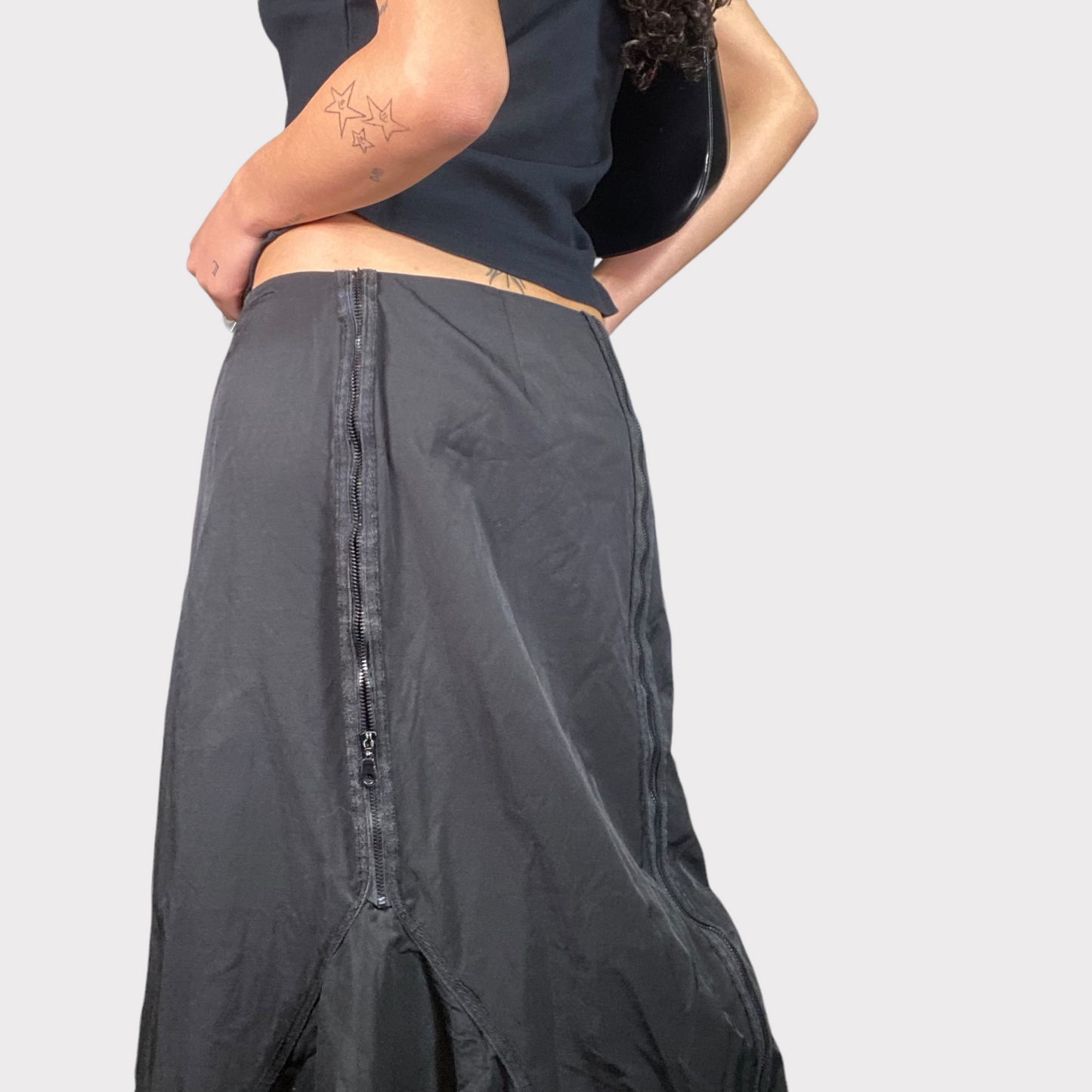 Vintage 90's Cyber Black Maxi Skirt with Side Zipper Details (S)