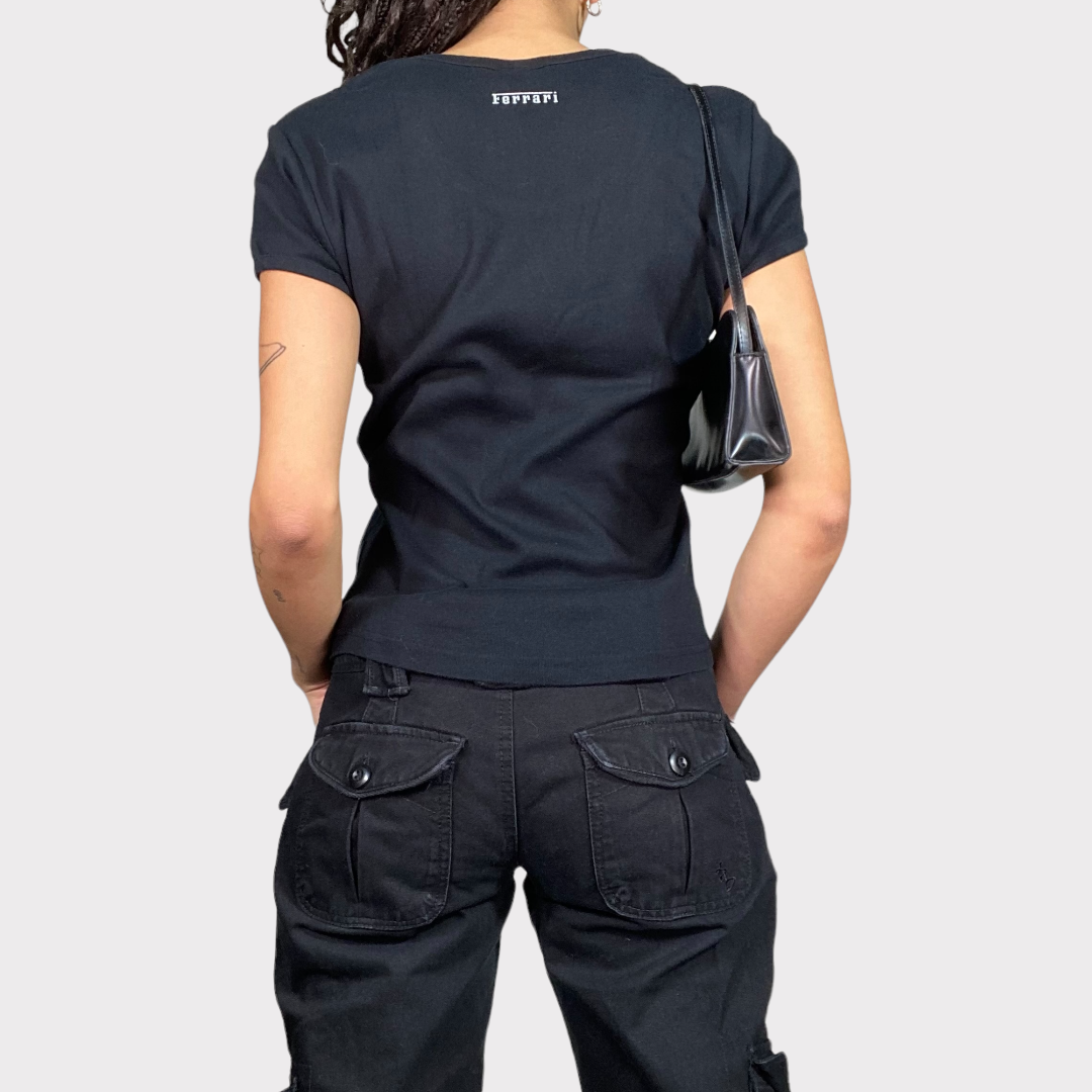 Vintage 90's Ferrari Black baby Tee with Logo Print (M)