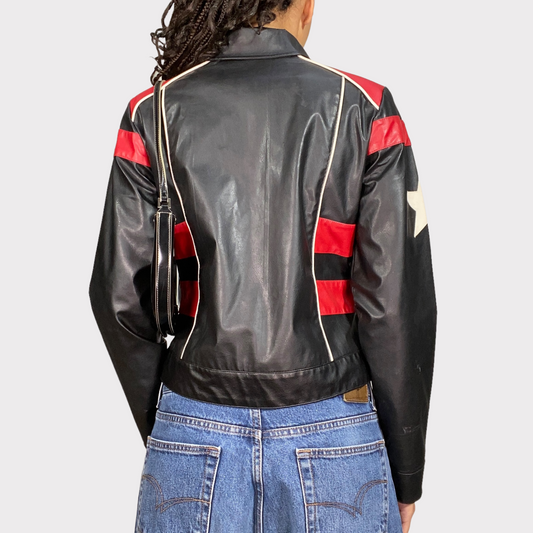 Vintage 90's Bella Hadid Black/Red Faux Leather Star Racer Jacket (S)