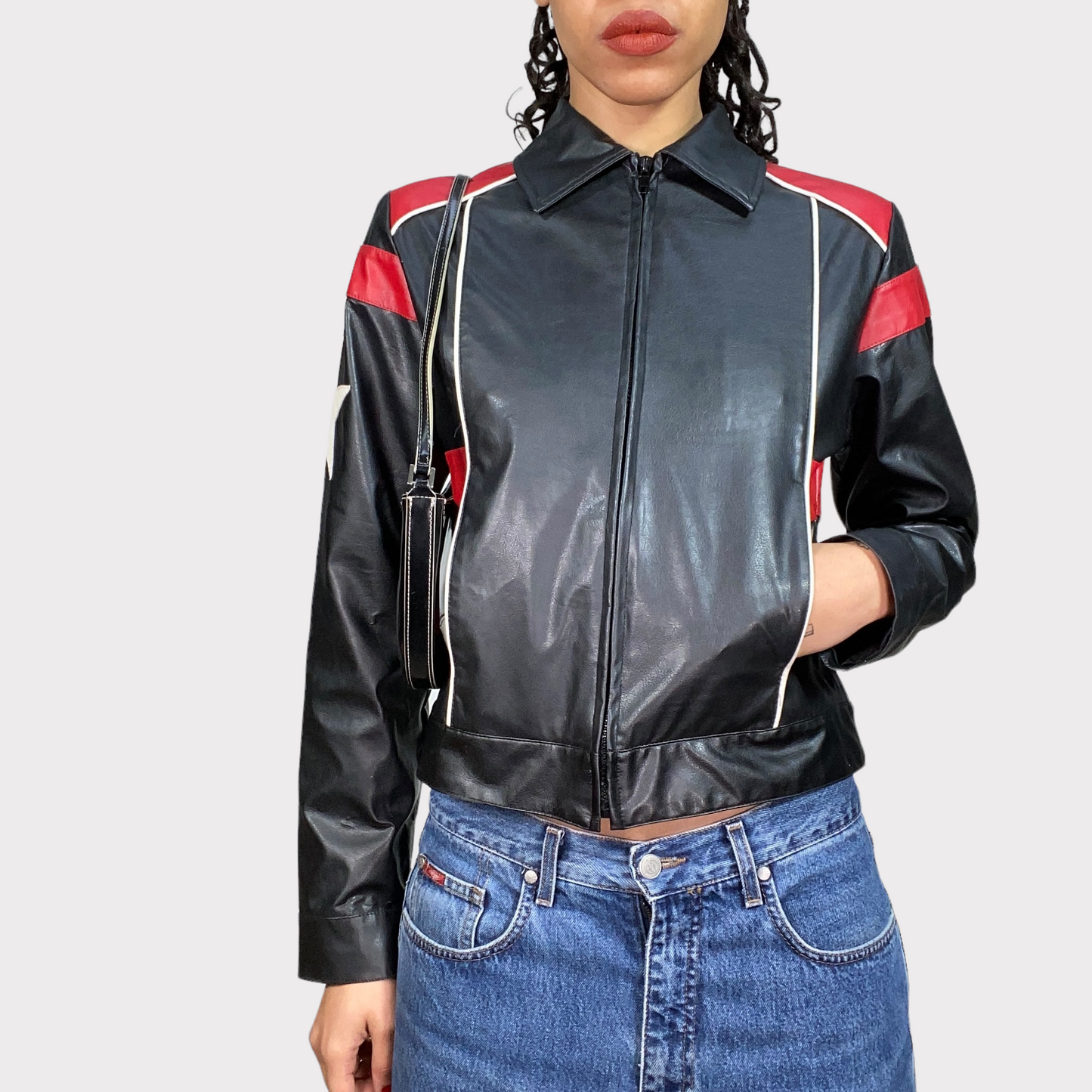 Vintage 90's Bella Hadid Black/Red Faux Leather Star Racer Jacket (S)