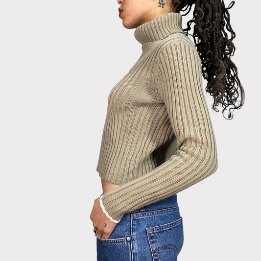 Vintage 90's Pepe Jeans Beige Knit Turtleneck with UK Flag Print (S)