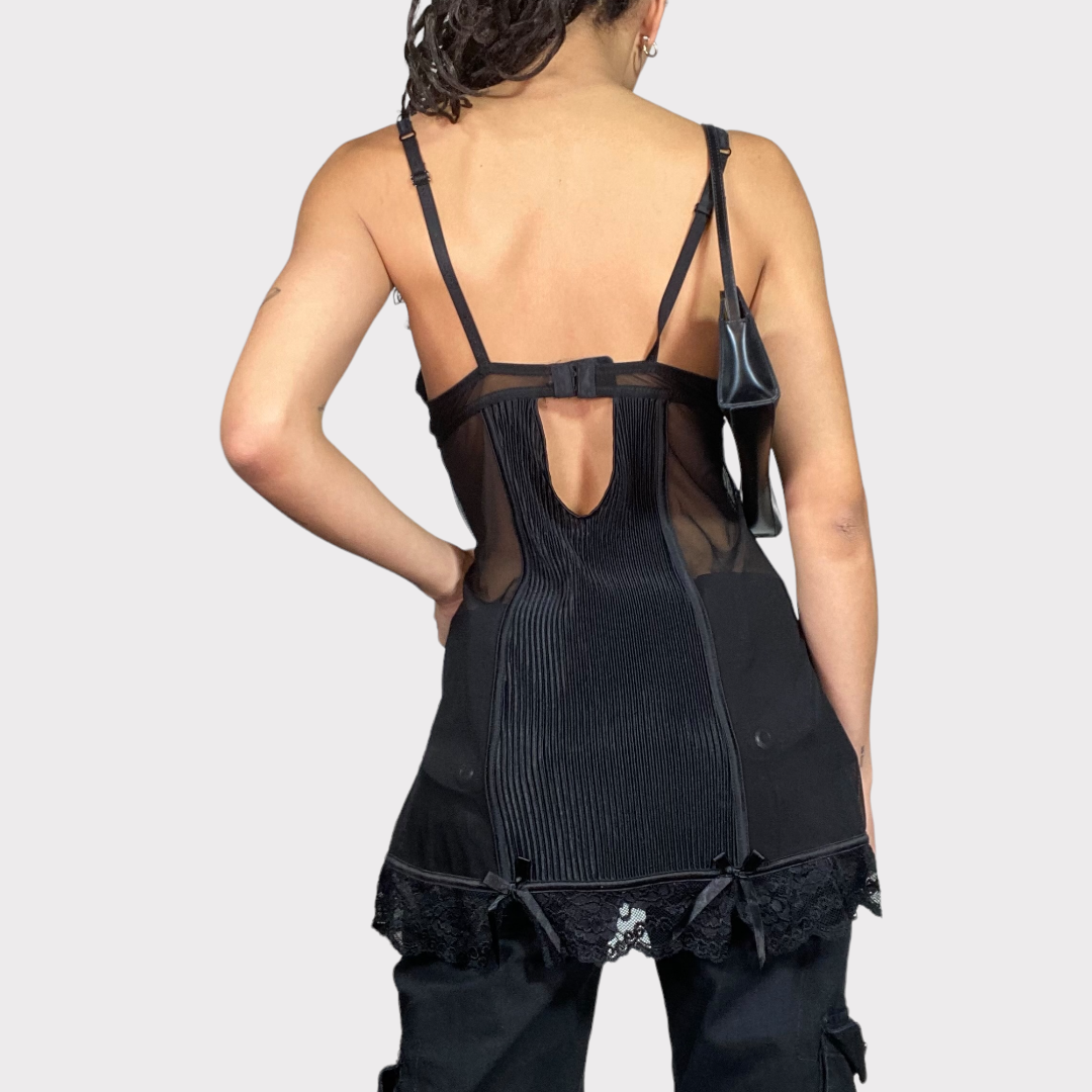 Vintage 90's Romantic Black Satin and Mesh Slip Dress (S/M)