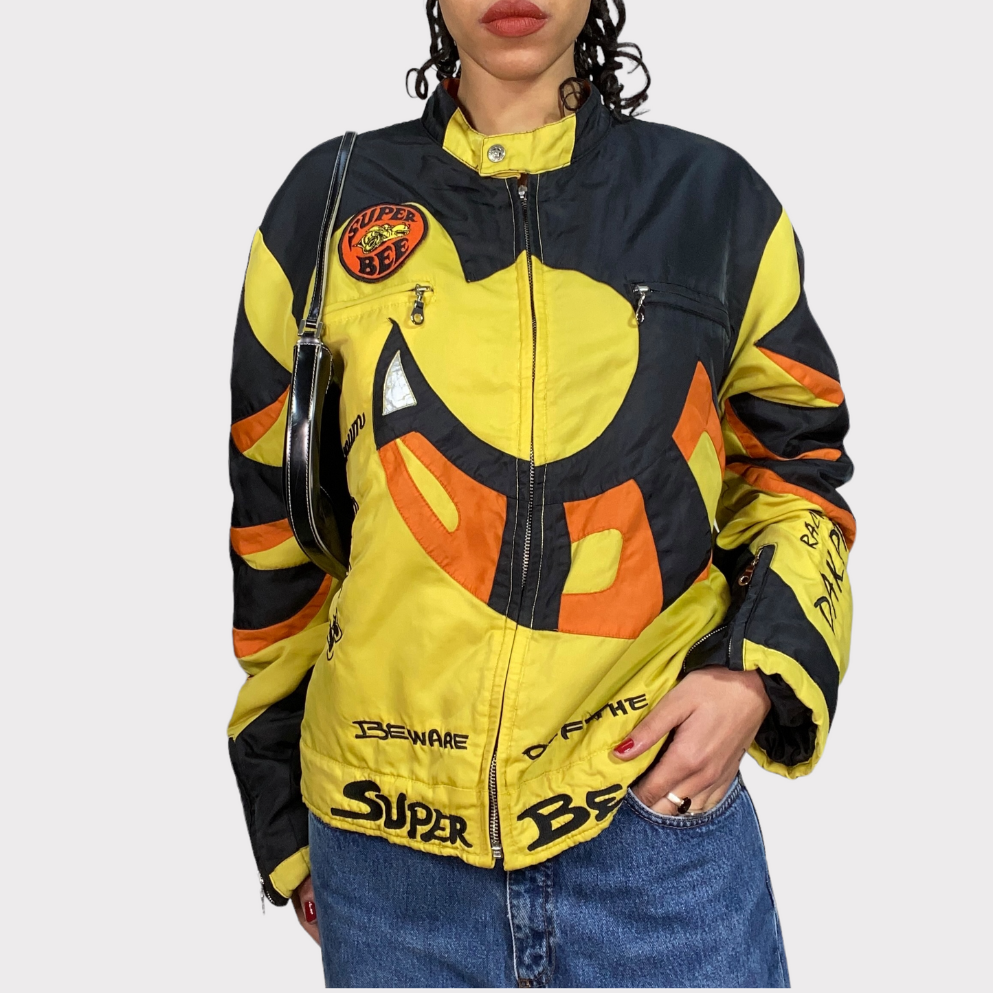 Vintage 90's Bella Hadid Oversized Fabric Black and Yellow Racer Jacket (S/M/L)