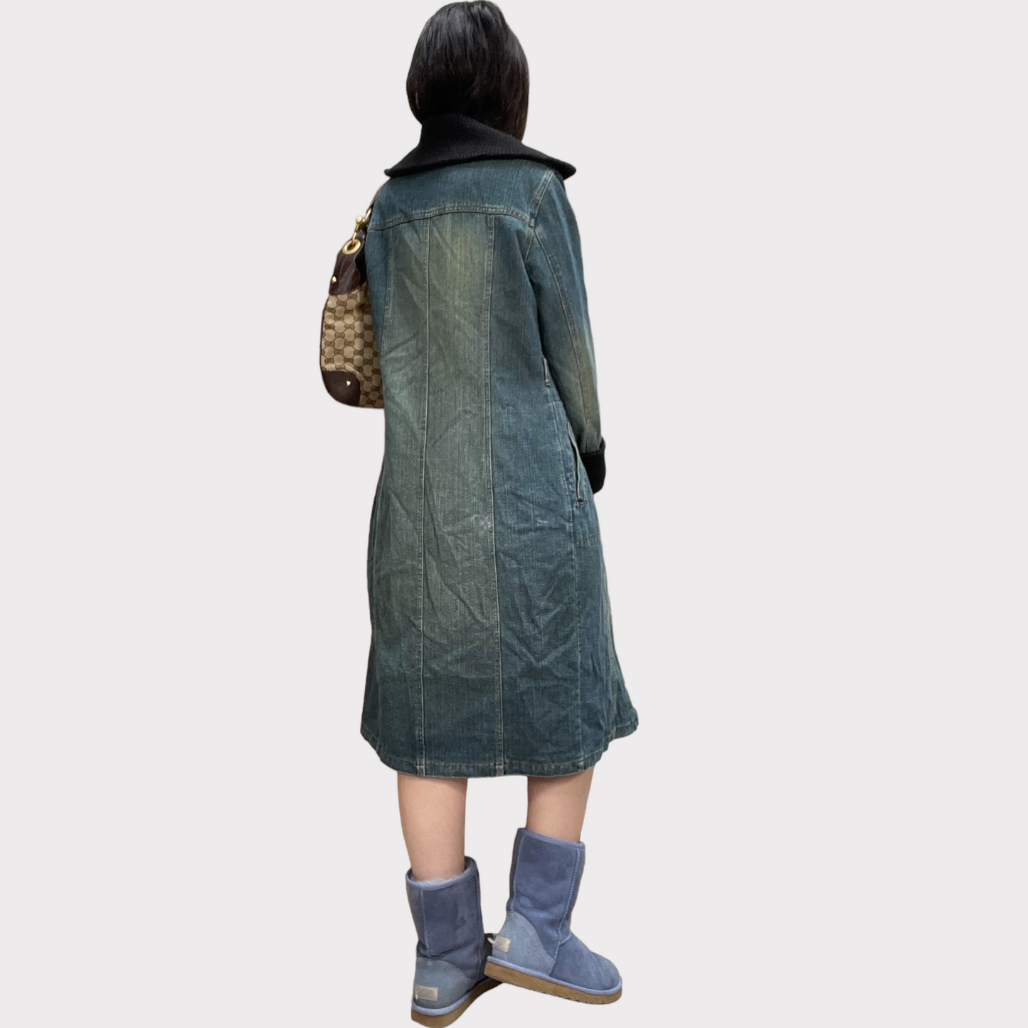Vintage 90's Winter Denim Maxi Coat with Knit Details (S/M)