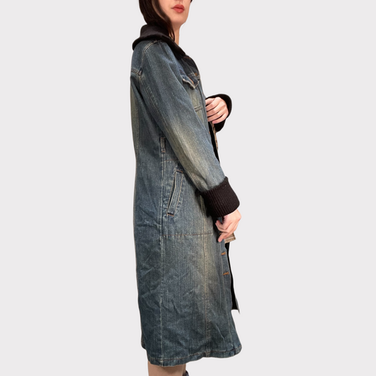 Vintage 90's Winter Denim Maxi Coat with Knit Details (S/M)