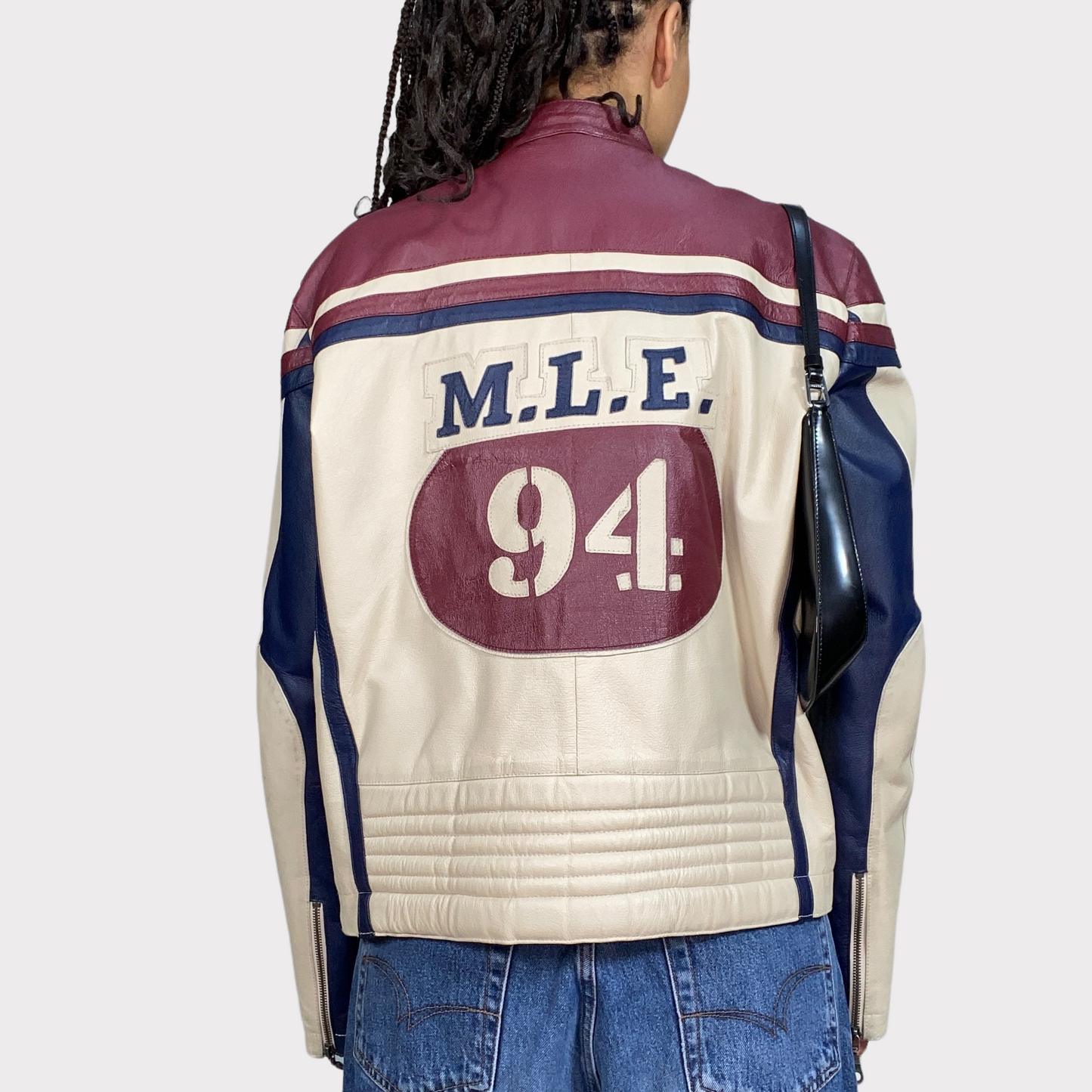 Vintage 90's Bella Hadid White/Red/Blue Leather Racer Jacket (S/M)