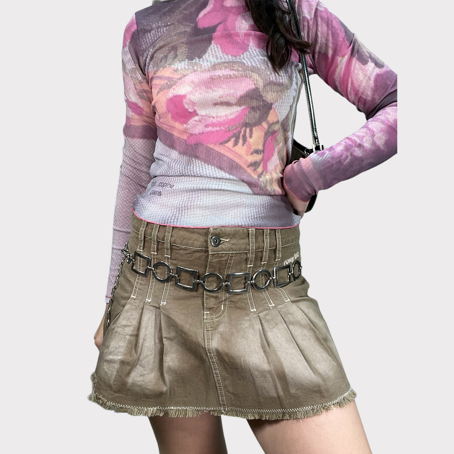 Vintage 90's Grunge Beige Pleated Denim Mini Skirt (M)