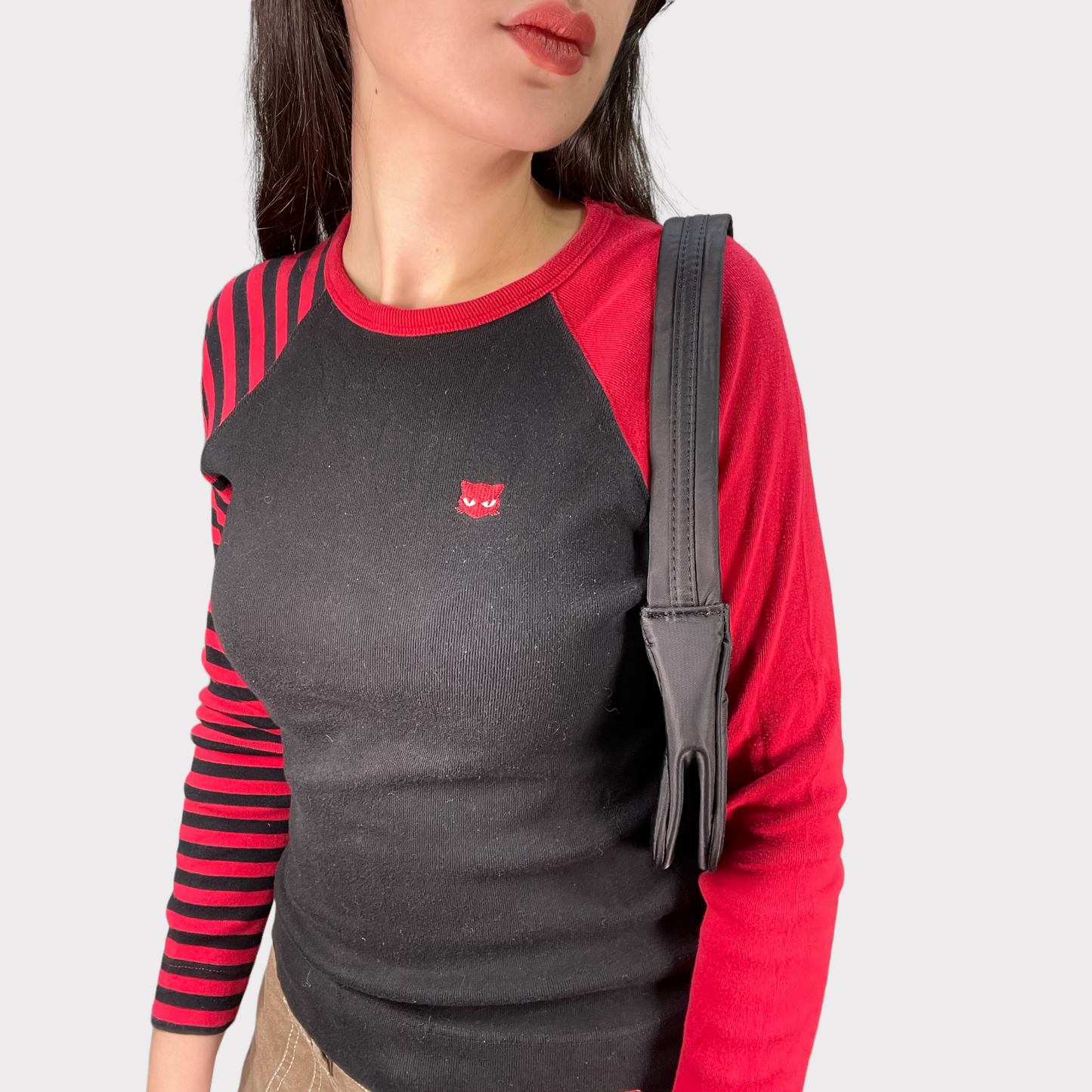 Vintage 90's Punky Black and Red Longsleeve Top with Kitten Embroidery (S)