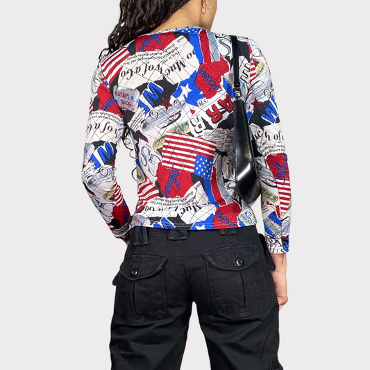Vintage 2000's Longsleeve Top with Newspaper and US Flag Print (S)