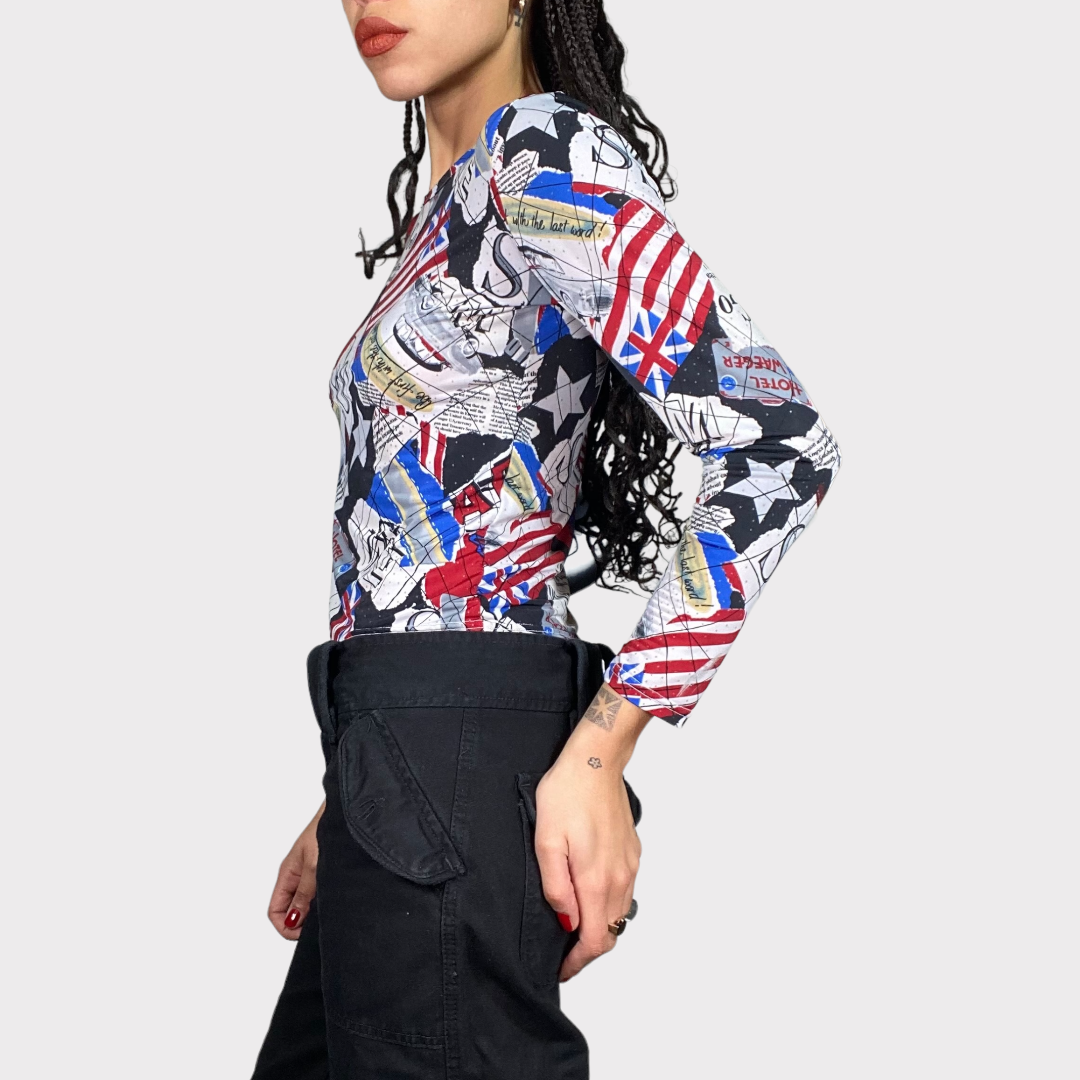 Vintage 2000's Longsleeve Top with Newspaper and US Flag Print (S)