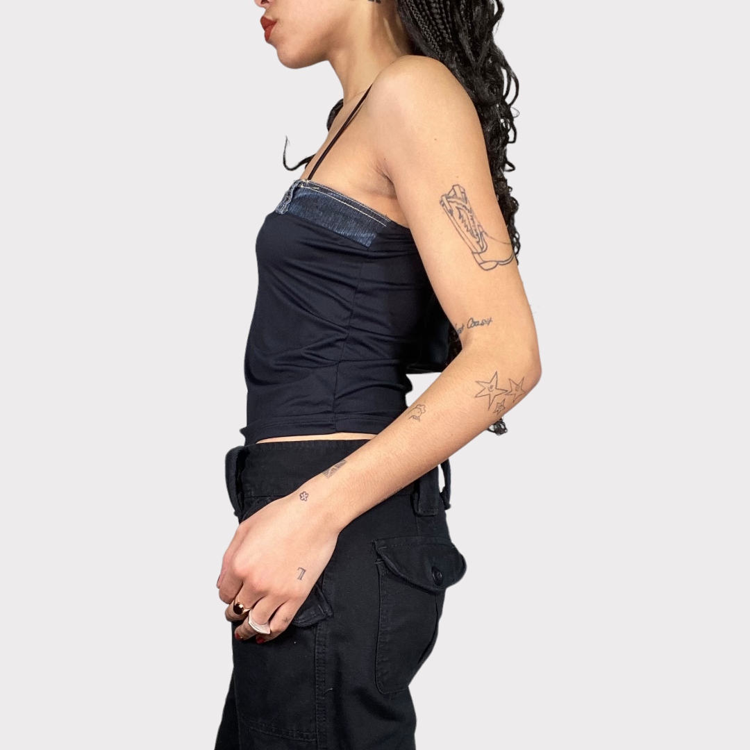 Vintage 2000's Rock Black Top with Denim Trim (S)