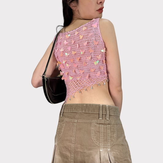Vintage 00's Fairy Pink Crochet Top With Butterfly Pendants (XS/S)