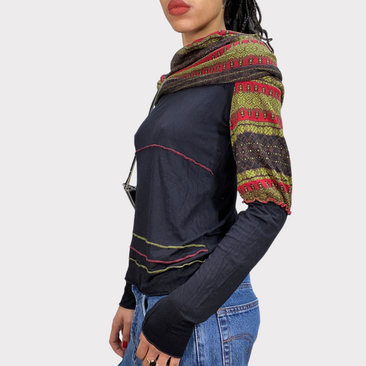 Vintage 90's Indie Black and Multicolor Funky Neckline Sweater (S/M)
