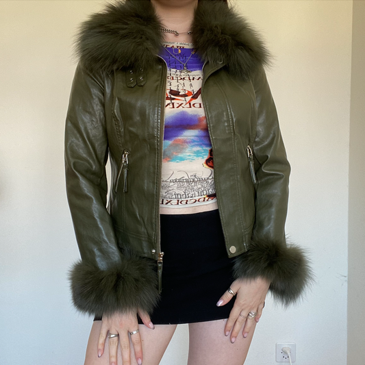 Vintage 90's Afghan Bratz Style Dark Green Leather Jacket (XS/S)