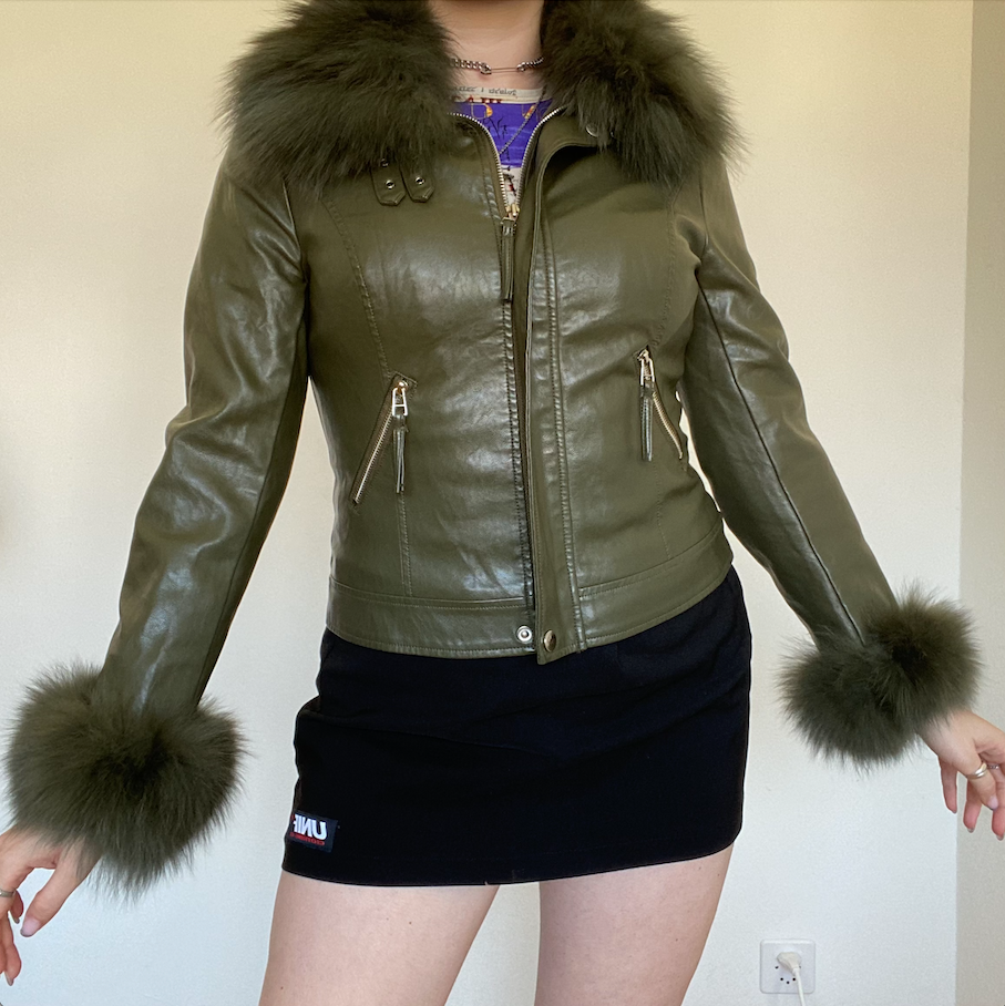 Vintage 90's Afghan Bratz Style Dark Green Leather Jacket (XS/S)