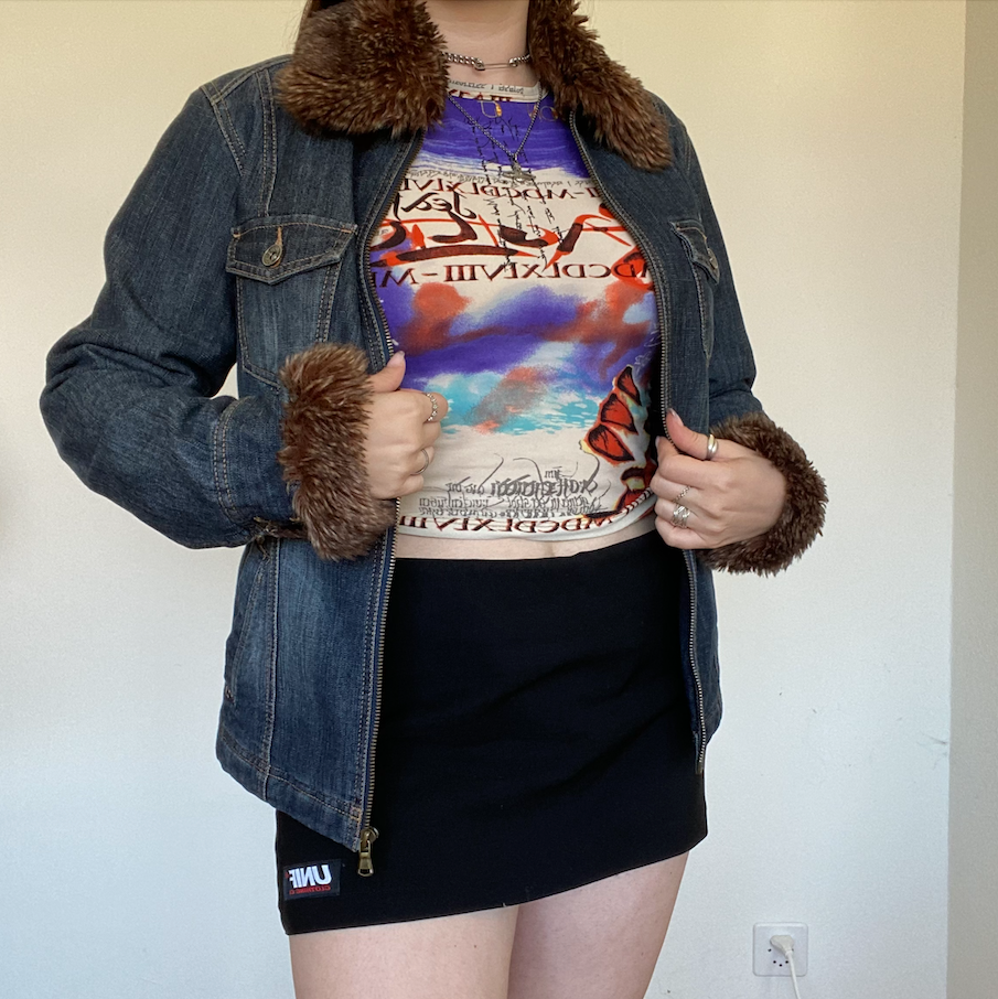 Vintage 90's Gilmore Girls Style Furry Trim Zip Denim Jacket (S)