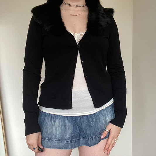 Vintage 90's Black Cardigan with Faux Fur Collar (S/M)
