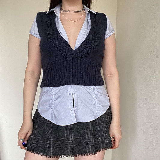 Vintage 90's Rachel Green Navy Cropped Sweater Vest (S)