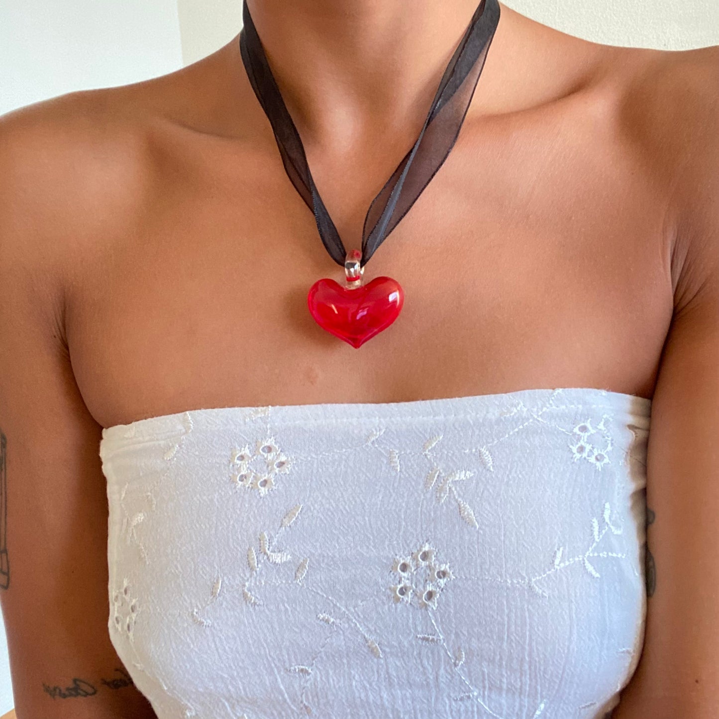 Vintage 90's Whimsigoth Red Glass Heart Lace Choker Necklace