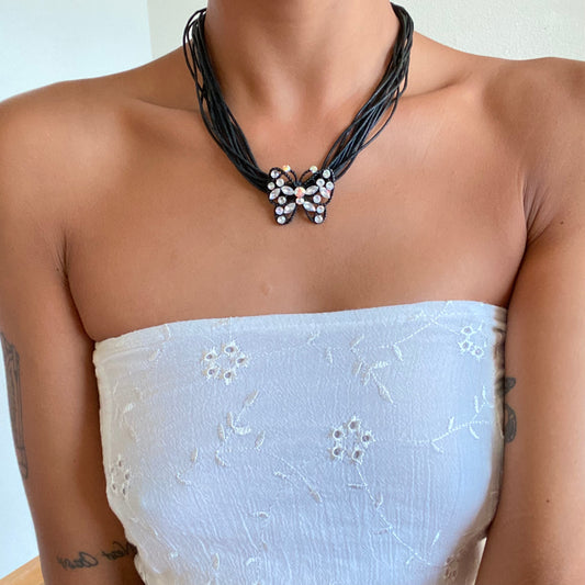 Vintage 90's Whimsigoth Rhinestone Butterfly Cord Necklace