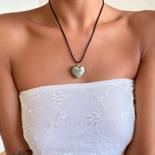 Vintage 90's Whimsigoth Silver Chrome Glass Heart Cord Necklace