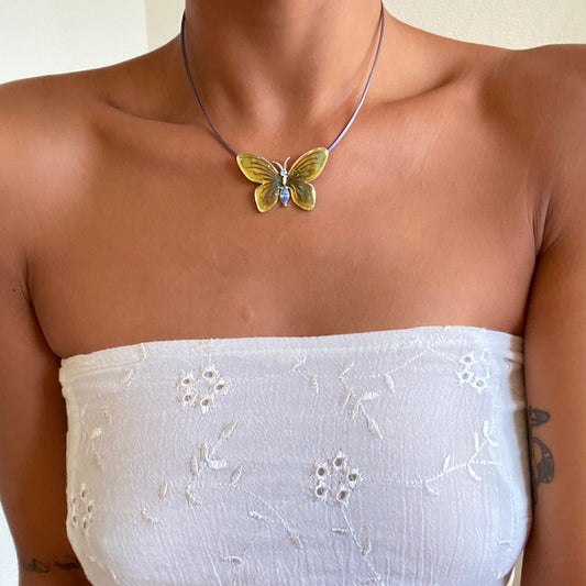 Vintage 90's Whimsigoth Yellow and Blue Iridescent Butterfly Necklace