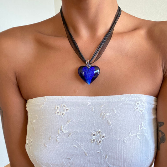 Vintage 90's Whimsigoth Blue Glass Heart Lace Choker Necklace