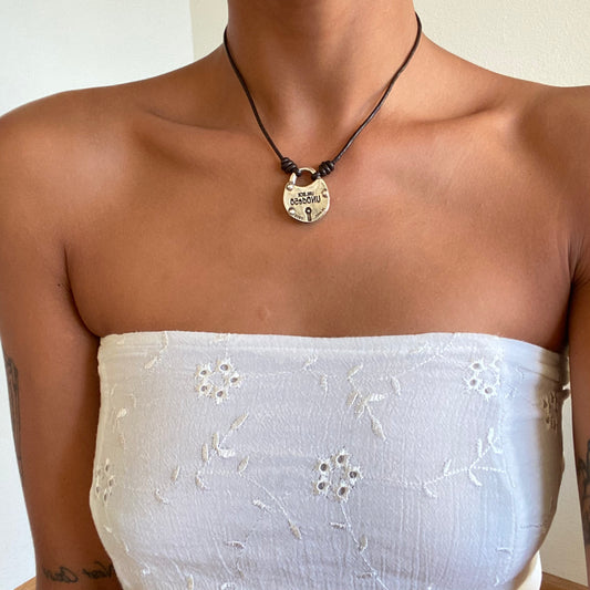 Vintage 90's Silver Lock Pendant Leather Cord Necklace