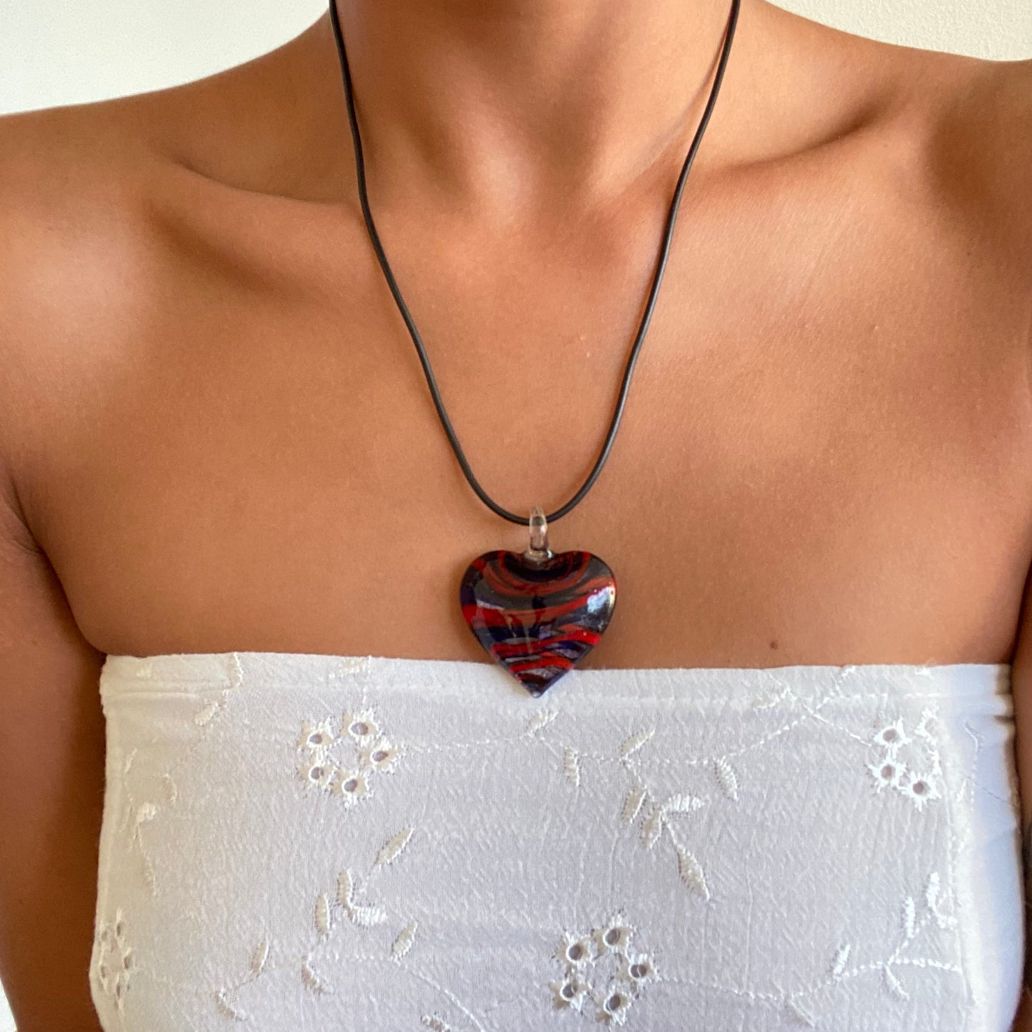 Vintage 90's Whimsigoth Red and Blue Glass Heart Pendant on Leather Necklace